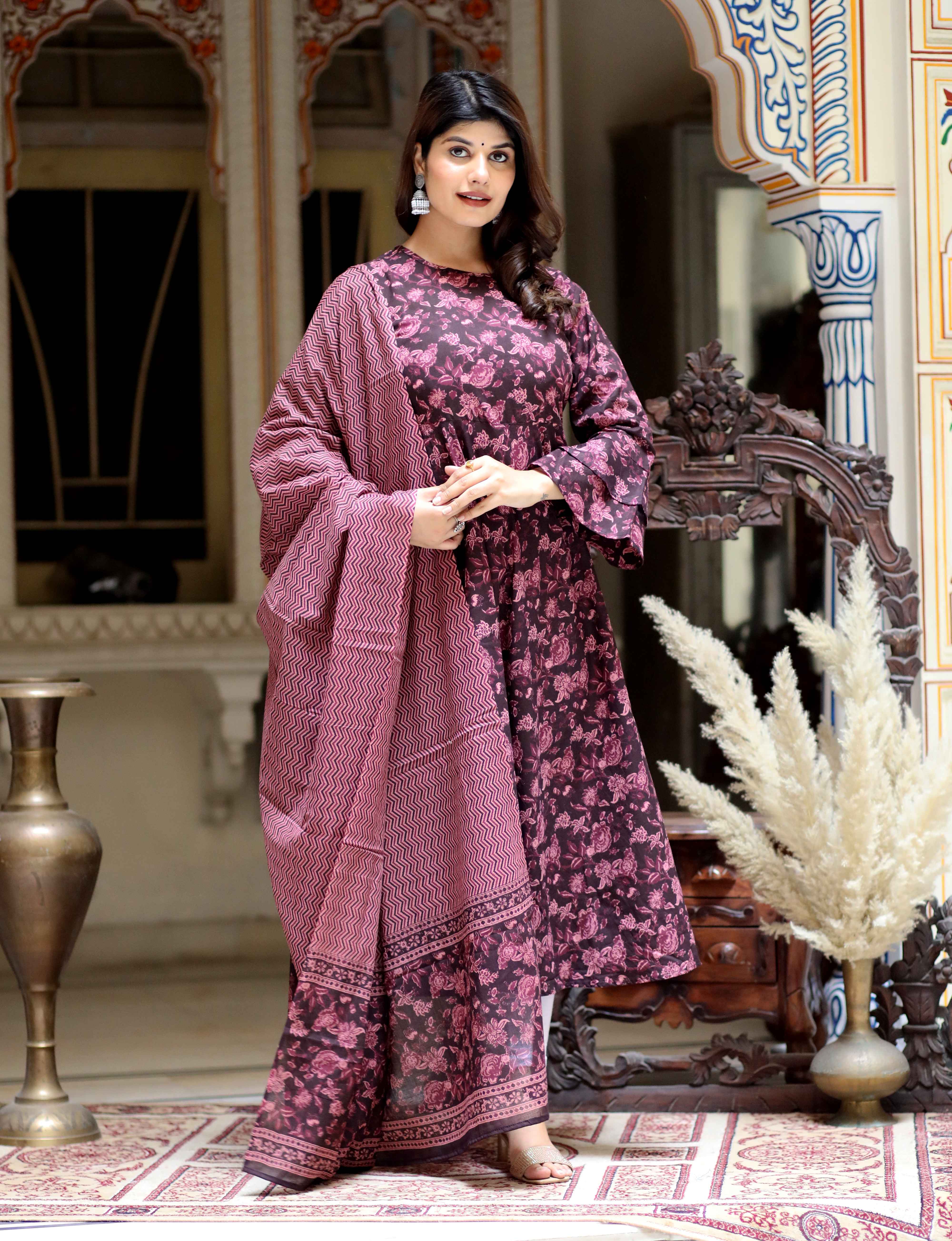 Maroon Printed Cotton Anarkali Kurta with Bell Sleeves & Dupatta Set